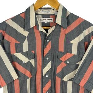 Vintage Ranchwear Mens Short Sleeve Western Snap Shirt Gray Coral Stripe Size 16